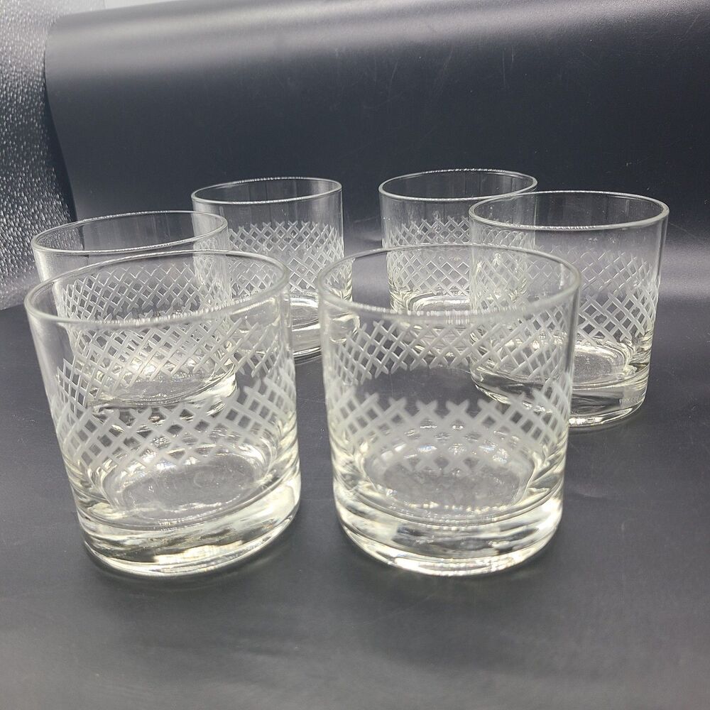 vintage Etched Crosshatch glassware set (6) old fashion whisky glasses New